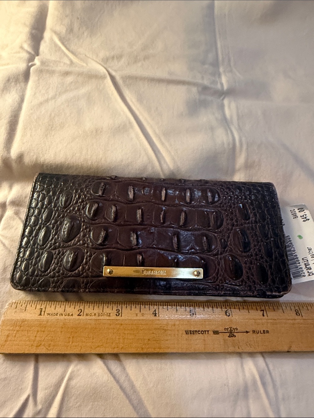 Brahmin Dark Brown Croc-Embossed Continental Wallet with Gold Plate
